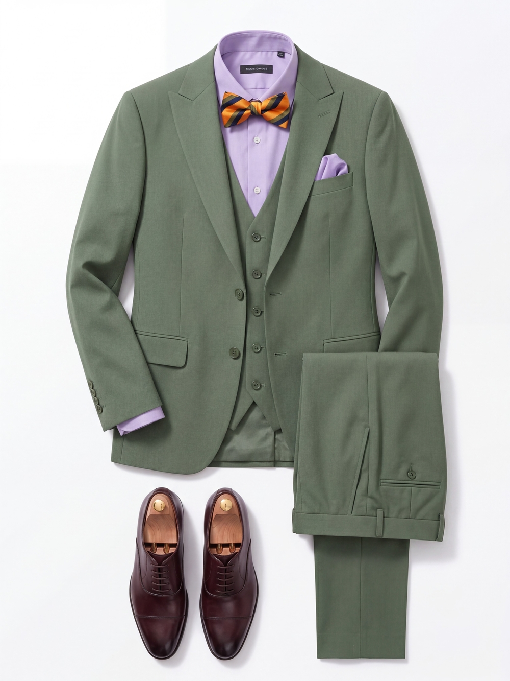 Men's Olive Green Three-Piece Suit with Lavender Shirt